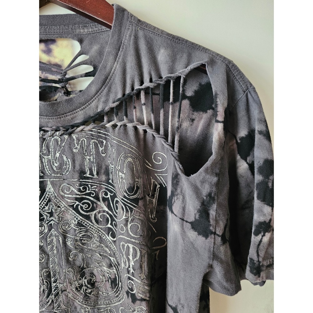 AFFLICTION Women Distressed Tie Dye Graphic‎ T Shirt Cut Out Ripped Gray L/XL - Picture 3 of 9